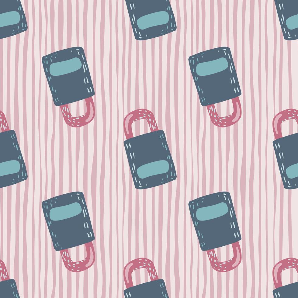 Pastel palette seamless doodle pattern with lock door ornament. Blue and pink colored secret elements on stripped background. vector