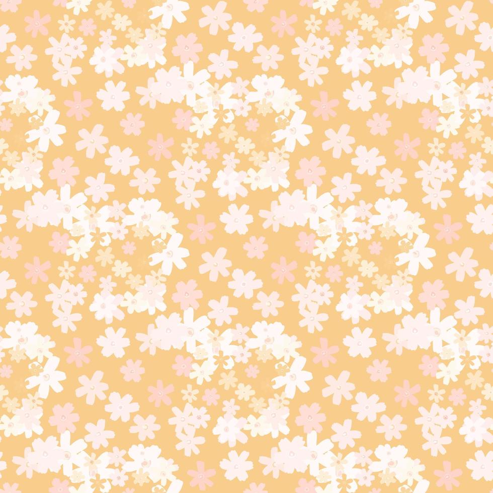 Daisy flower abstract silhouettes seamless pattern. White chamomile shapes on soft orange background. vector