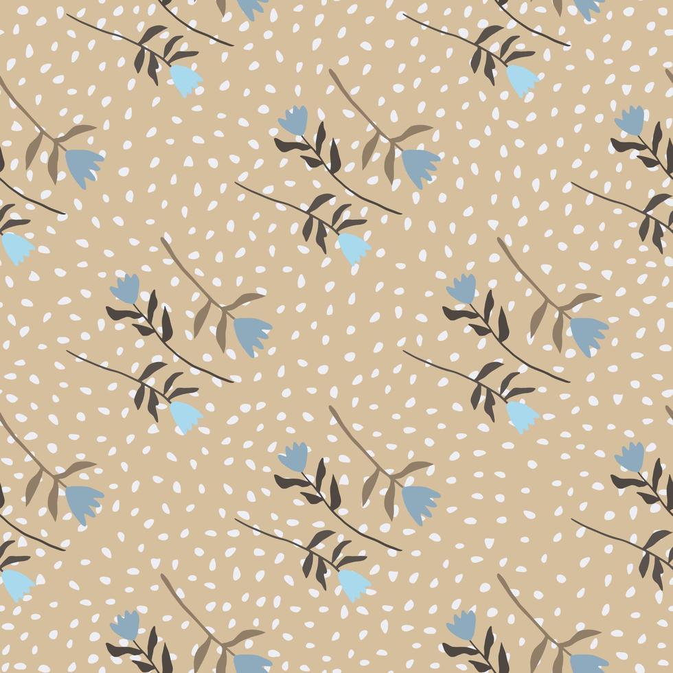 Autumn seamless pattern with flower ornament. Beige background with dots and blue tulips. Tender design. vector