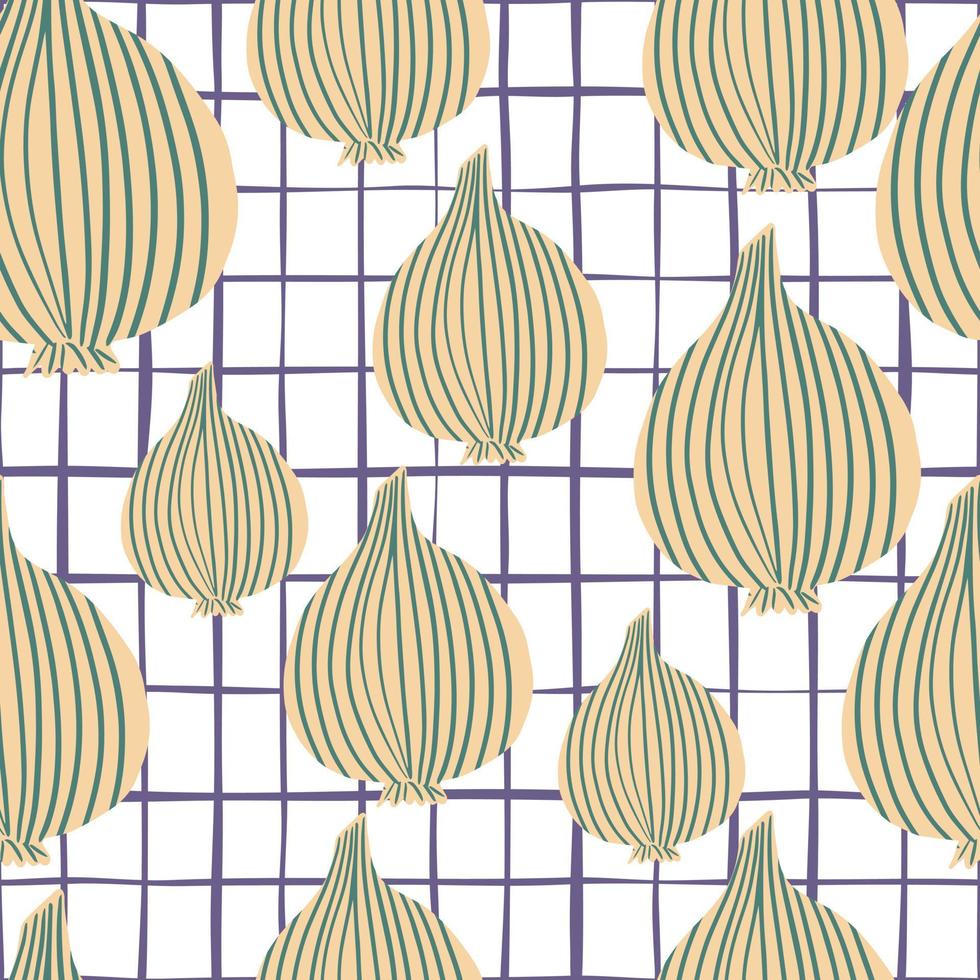 Onion bulb seamless pattern on stripes background. Vegetable wallpaper. vector