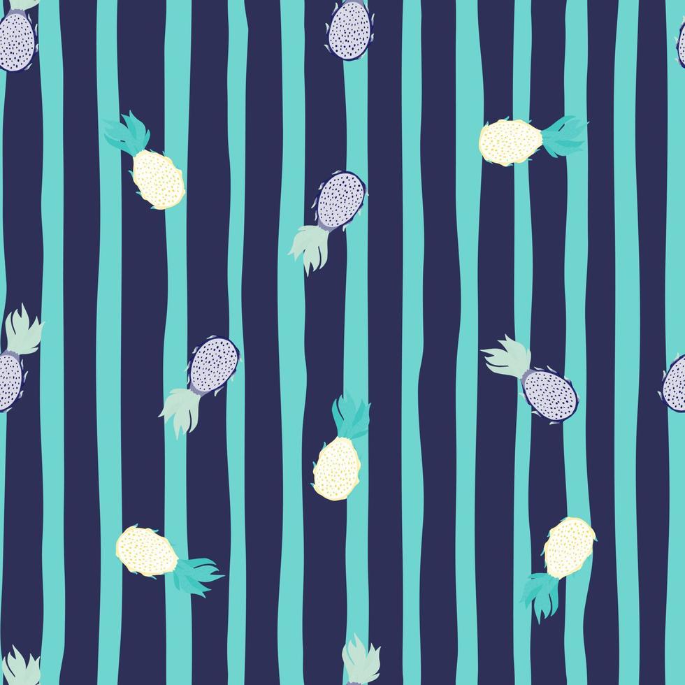 Little random dragon fruit ornament seamless pattern. Navy blue and turquoise striped background. vector