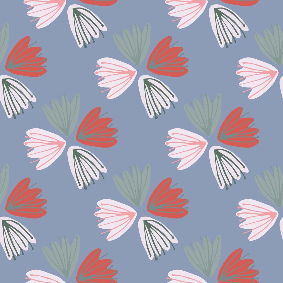 Tulip buds multicolor silhouettes seamless pattern. Soft blue background. Tender stylized print. vector