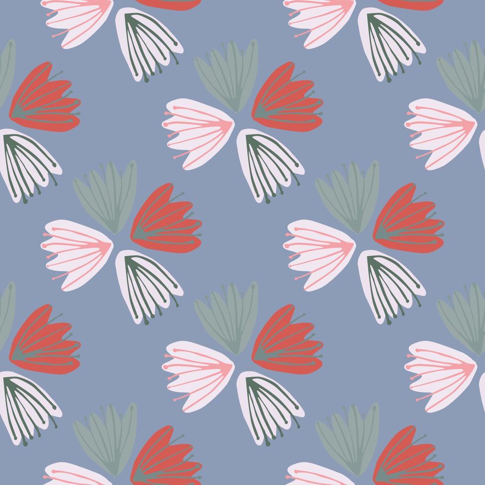 Tulip buds multicolor silhouettes seamless pattern. Soft blue background. Tender stylized print. vector