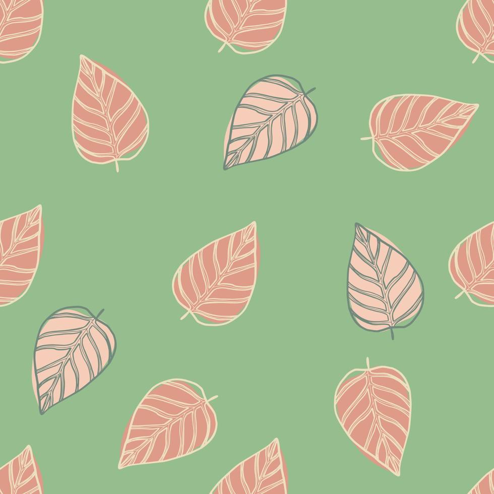 Simple seamless random pattern with oultine leaves. Pink tones contoured botanic shapes on green background. vector