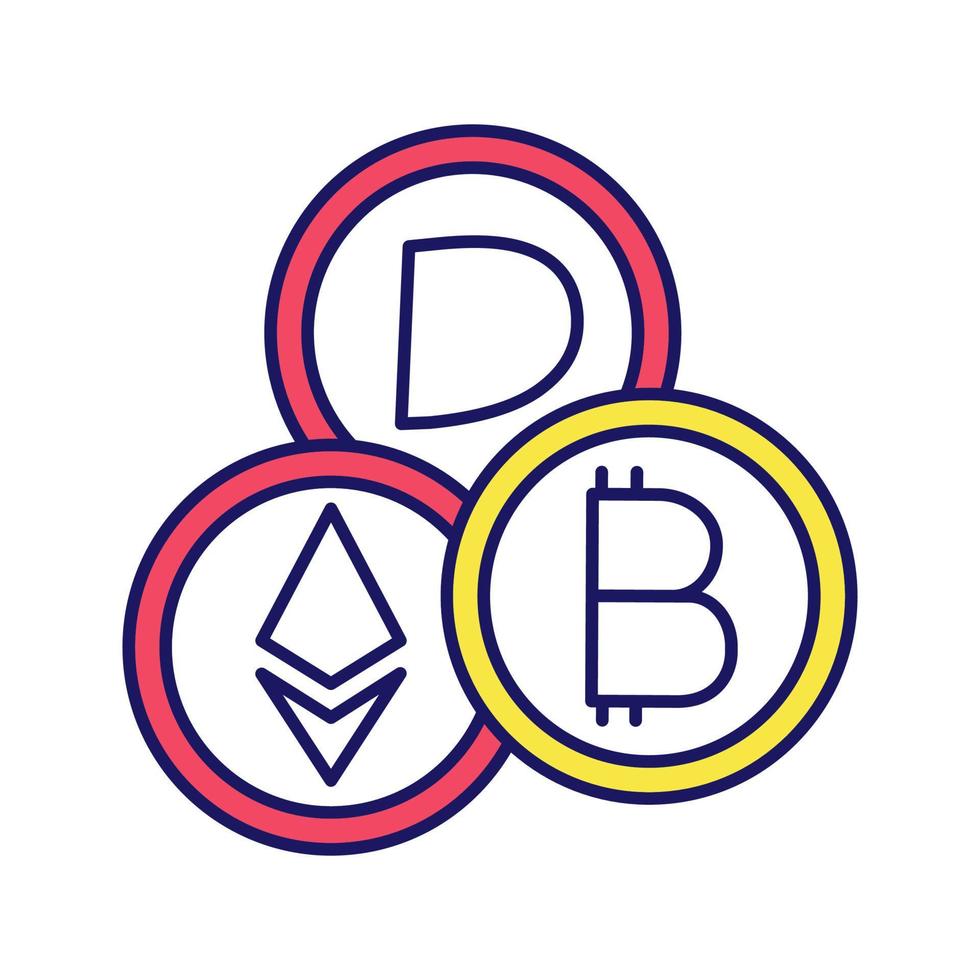 icono de color de criptomoneda. dinero digital pago electrónico. moneda criptográfica. bitcoin, ethereum, guión. dinero electrónico ilustración vectorial aislada vector