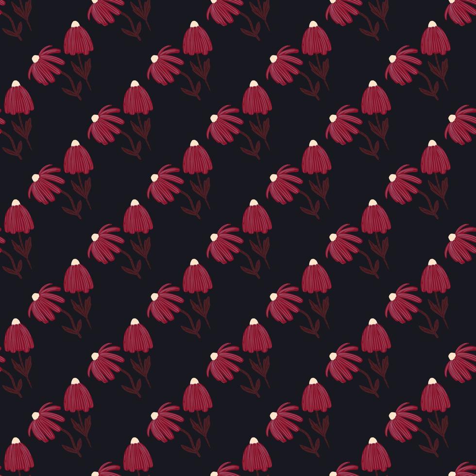 Contrast floral seamless pattern with little daisy flowers silhouettes. Pink ornament on black background. vector
