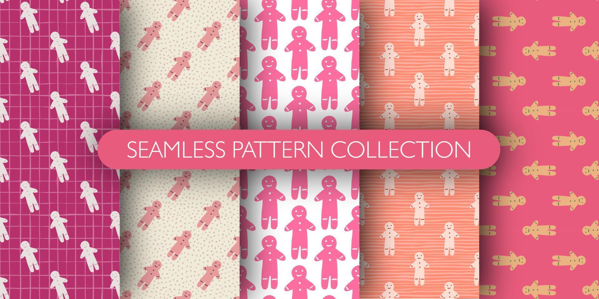 Set of seamless pattern with tasty gingerbread man cookies silhouettes. Holiday background collection vector