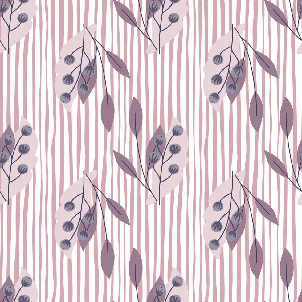 Purple leaves and rowan berries seamless pattern. Nature backdrop. Pink and white striped background. vector