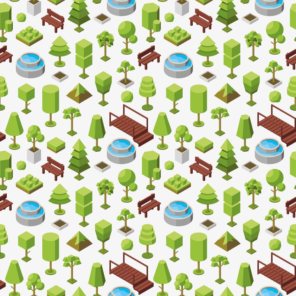 Vector seamless geometric pattern of isometric trees and outdoor furniture isometric icons. Conceptual ecological abstract background from natural botanical objects. 3d illustration of plants