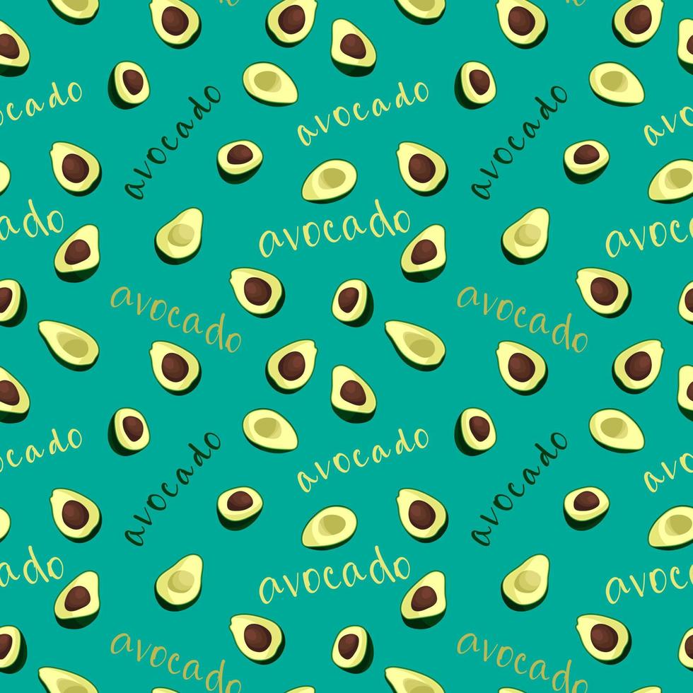 Vector seamless pattern of avocado halves, abstract background, wallpaper. Natural organic food illustration, juicy fruits. Pattern of avocado icons and inscriptions, text