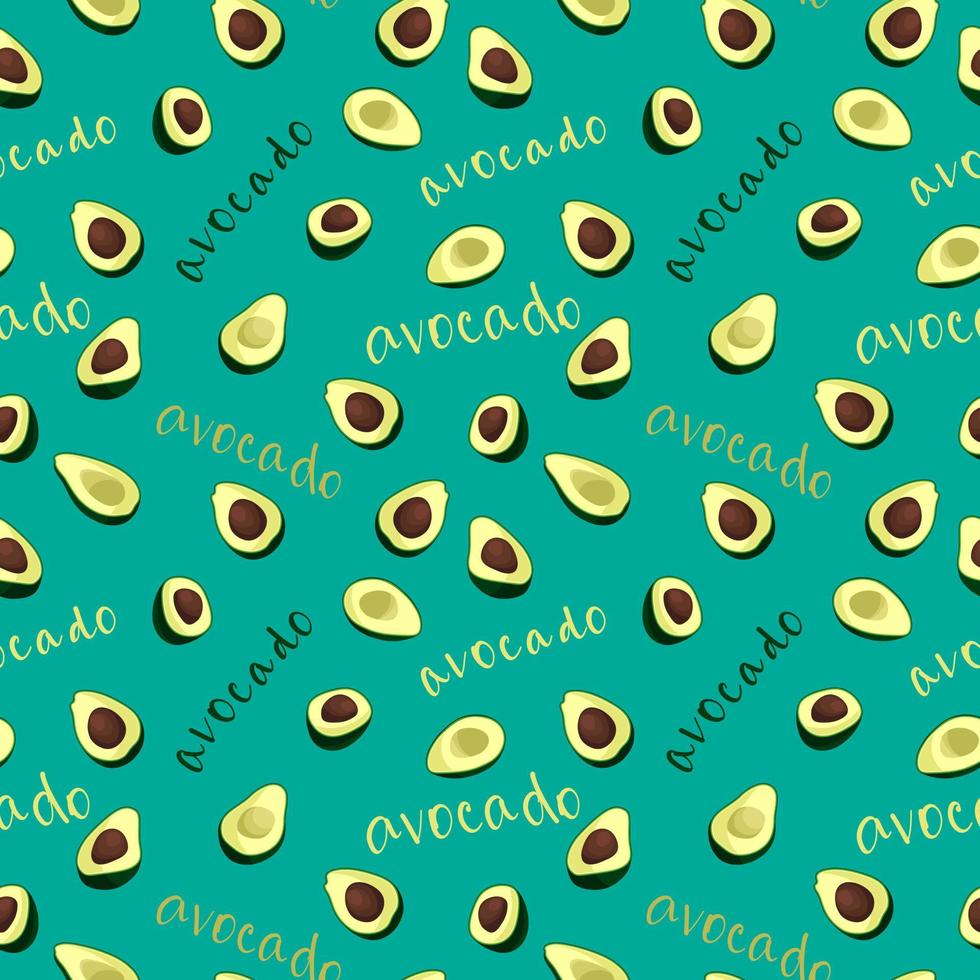 Vector seamless pattern of avocado halves, abstract background, wallpaper. Natural organic food illustration, juicy fruits. Pattern of avocado icons and inscriptions, text