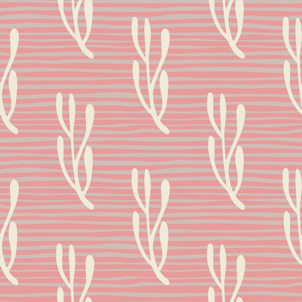Floral seamless doodle pattern with hand drawn branches simple ornament. Pastel pink striped background. vector