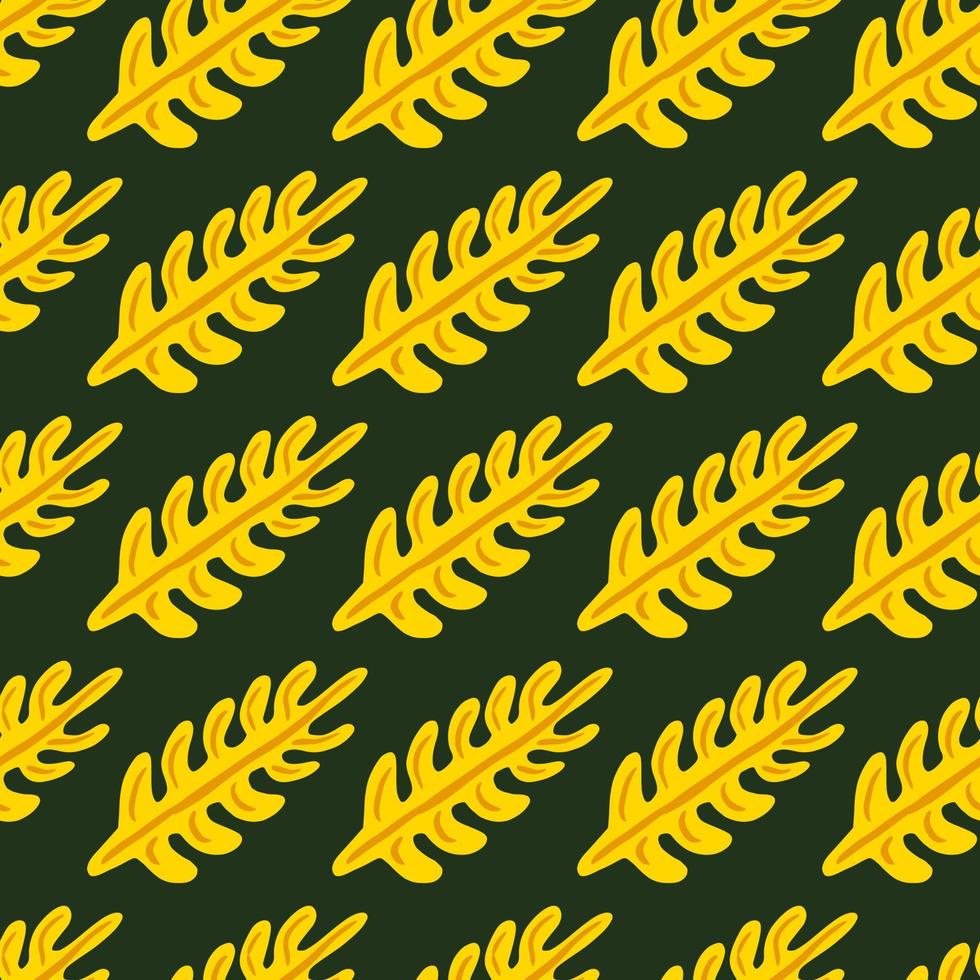 Bright seamless pattern with colored yellow leaf branches ornament. Black background. Botanic style. vector