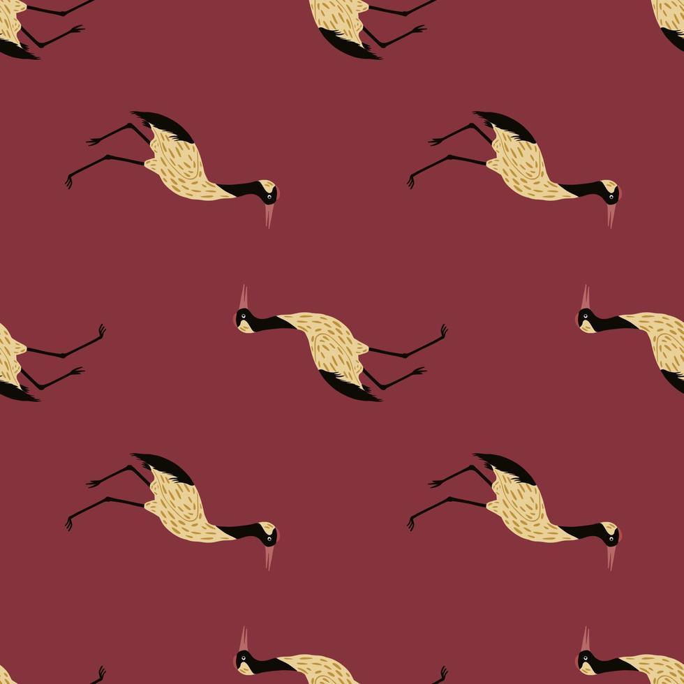 Zoo japan seamless pattern with creative crane beige doodle ornament. Pastel maroon background. vector