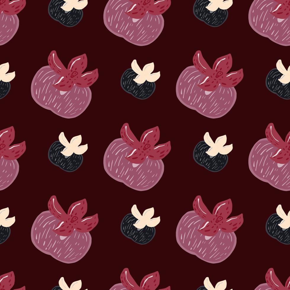 Lilac tones creative persimmon seamless pattern. Maroon dark ornament. Navy blue little fruits. vector