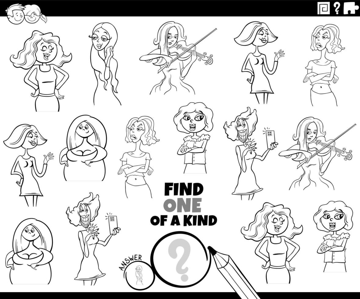 one of a kind task with cartoon women coloring book page vector