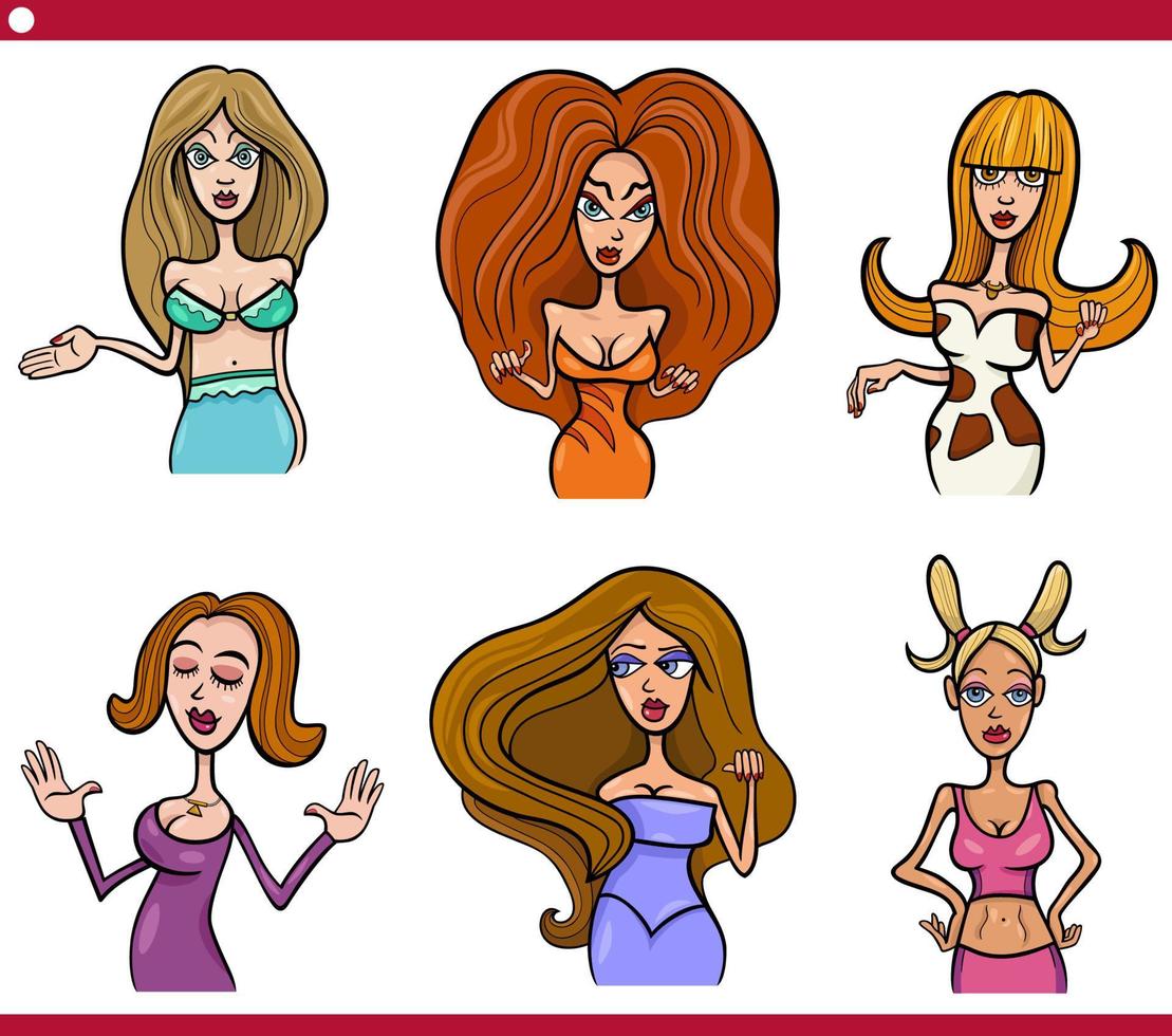 funny cartoon women characters caricature set vector