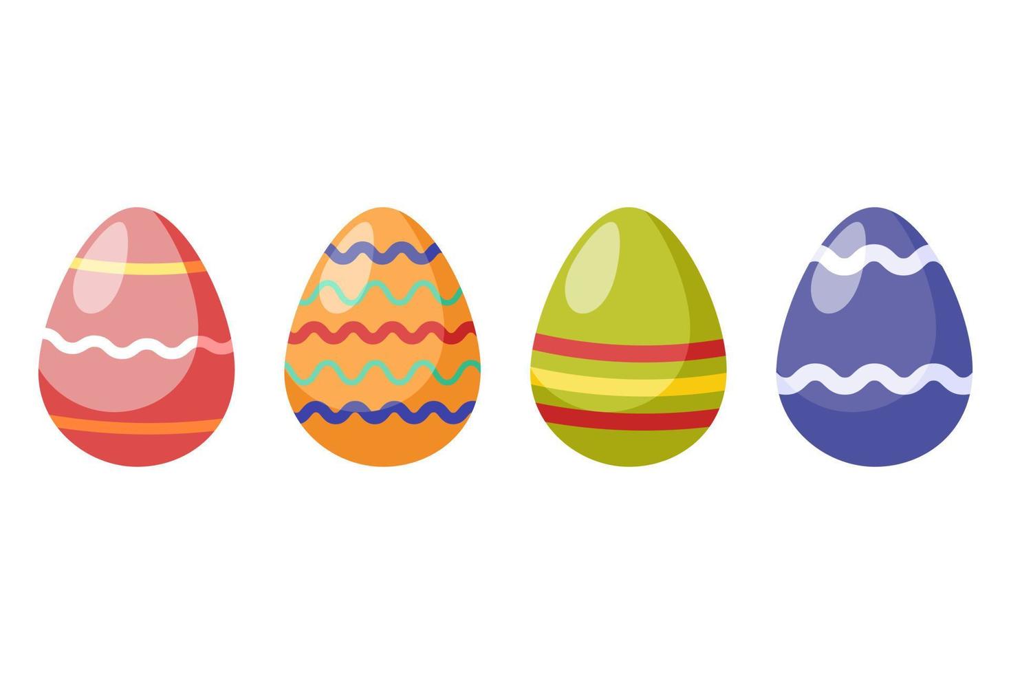 Colorful Easter eggs with glare, shadows, decorated with patterns of straight and wavy lines. Spring festival vector