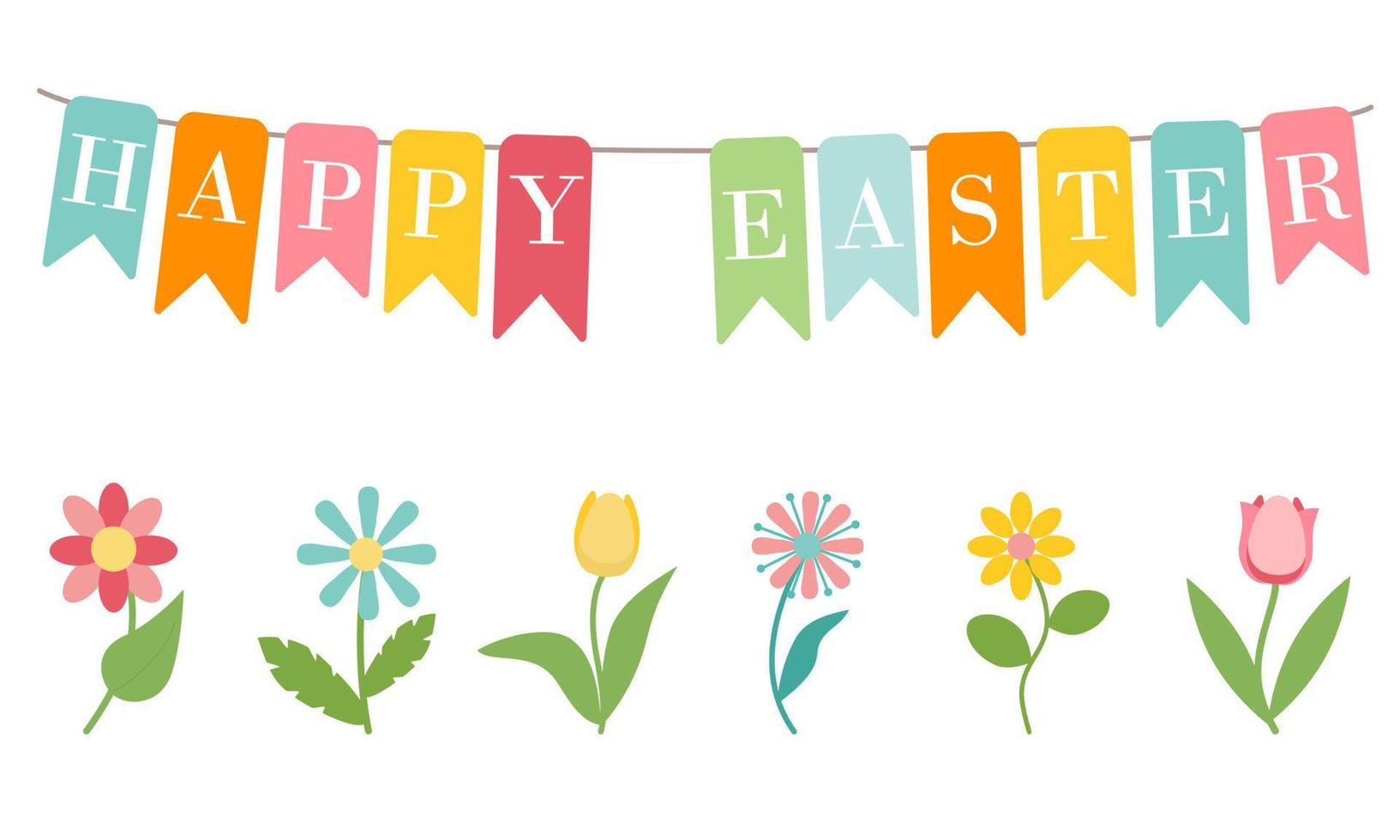 Garland of colorful flags with inscription Happy Easter. Cute colorful spring flowers isolated on white background. Greeting card in cartoon style for Easter holiday vector