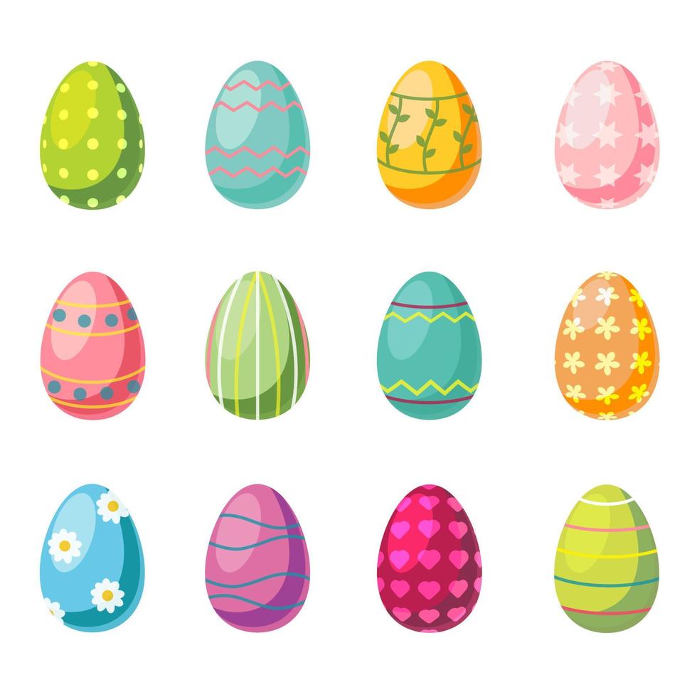 conjunto de huevos coloreados de pascua aislados en un fondo blanco. huevo para unas vacaciones con patrones pintados de círculos, líneas, flores. Festival de Primavera vector