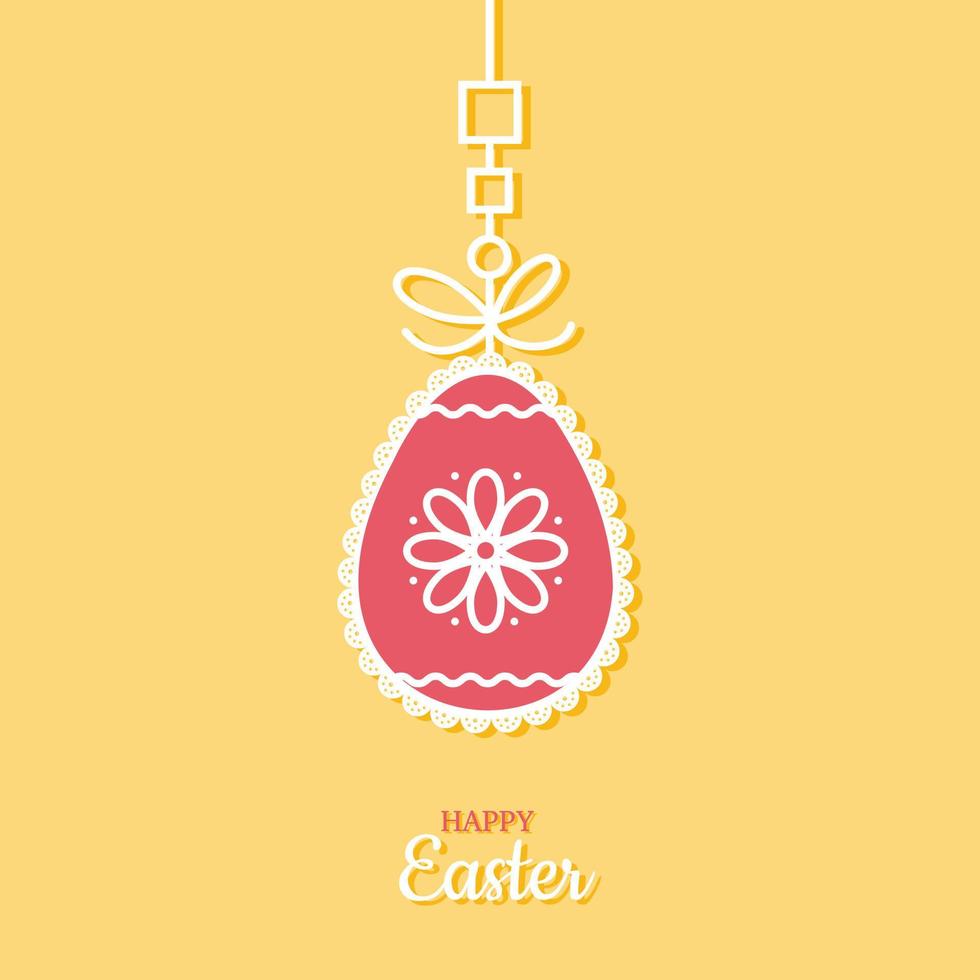 Easter card. Colorful decorated openwork red Easter egg hangs on on bright yellow background. Ribbon with decorations vector