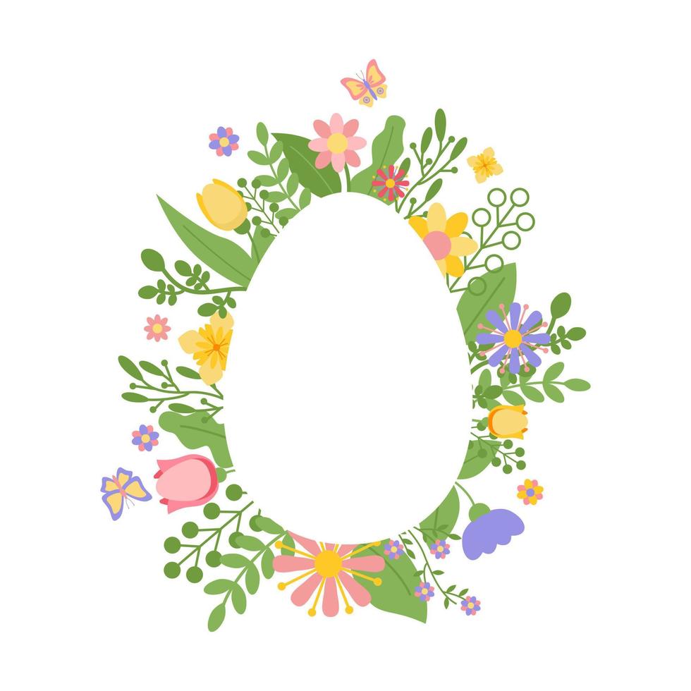 Frame, border of flowers in form of Easter egg. Bright spring flowers and butterflies. Happy Easter. Greeting card vector