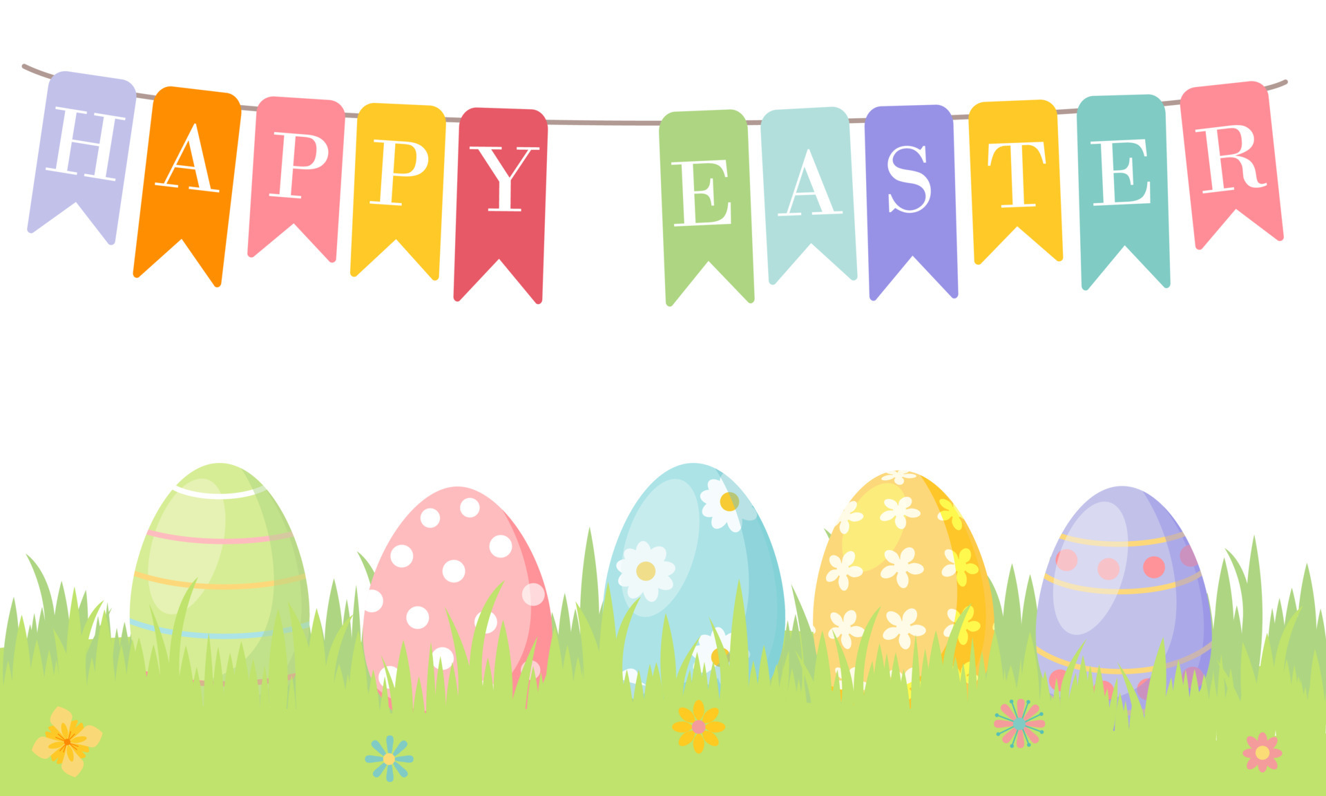 Colorful Easter eggs on green grass, garland of colorful flags with