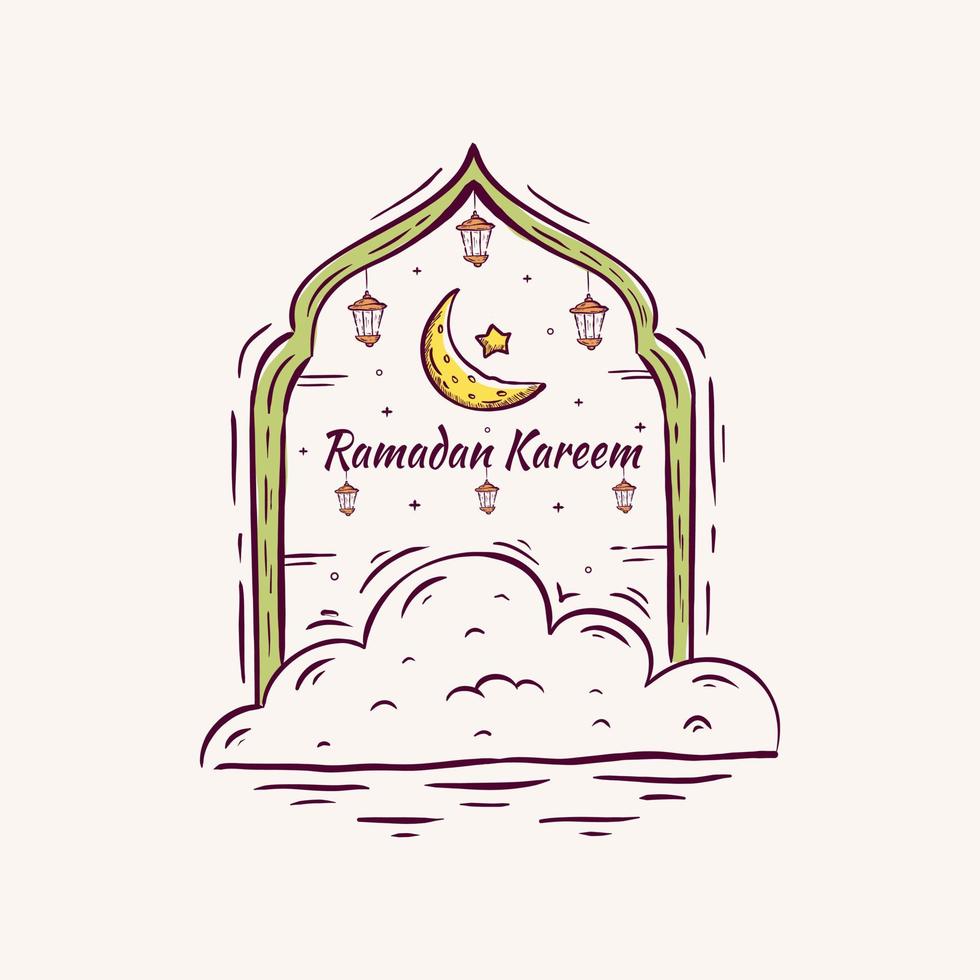 Ramadan Kareem Illustration With Crescent Moon And Lantern Concept. Hand Drawn Sketch Style vector