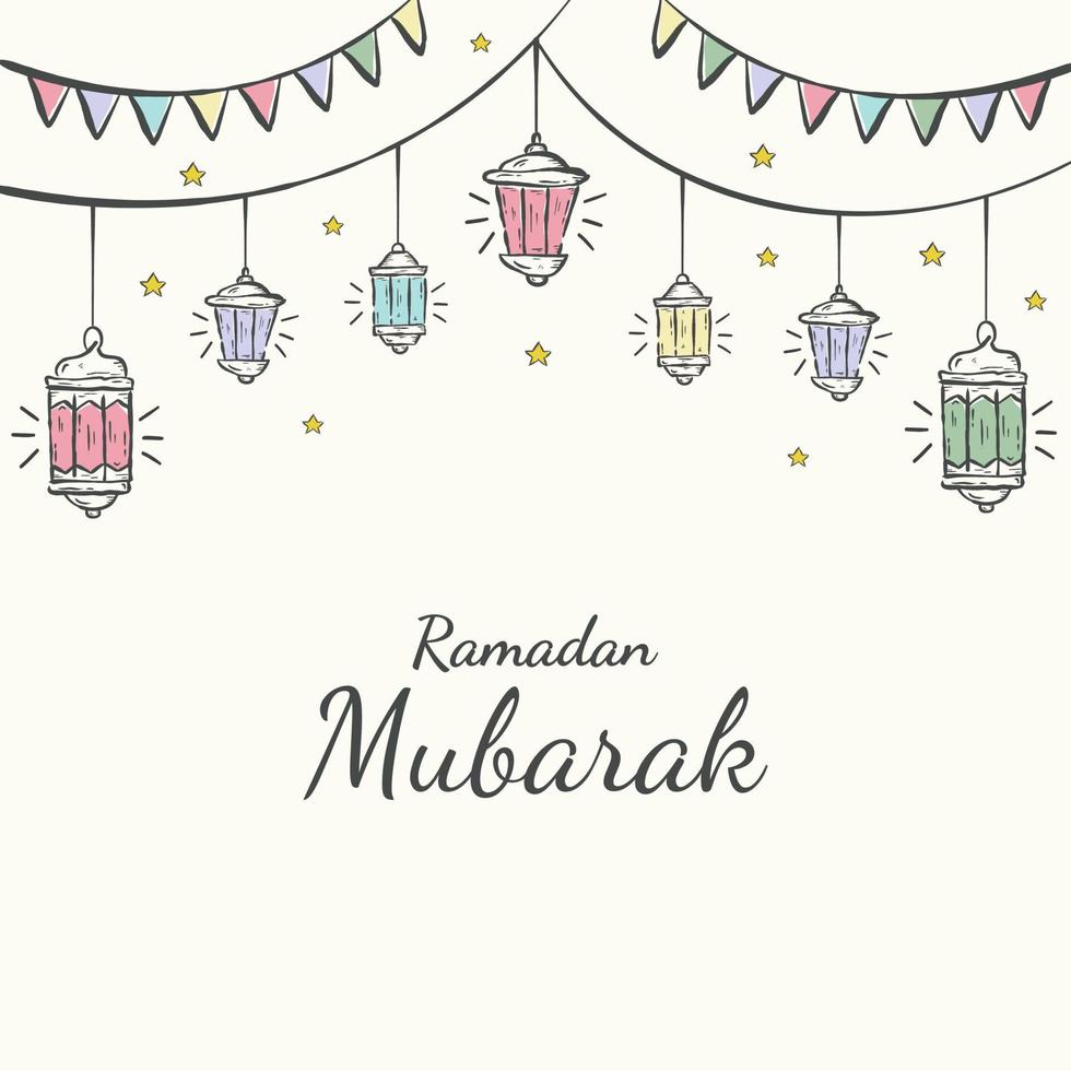 ilustración de ramadan kareem con concepto de estrella y linterna. estilo de boceto dibujado a mano vector