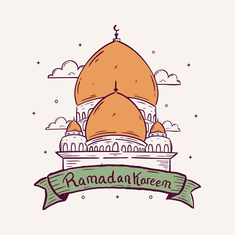 Ramadan Kareem Illustration With Mosque And Ribbon Concept. Hand Drawn Sketch Style vector