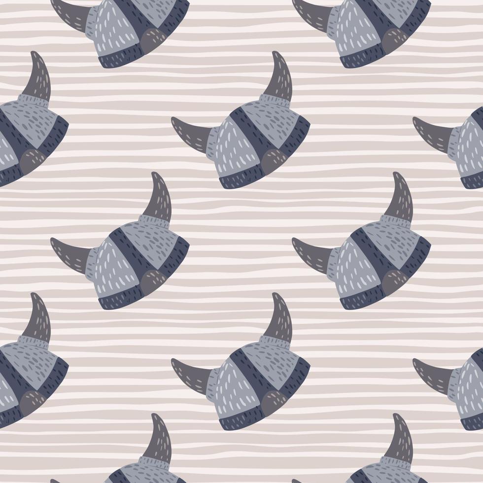Nordic seamless doodle pattern with blue viking helmets. Light grey striped background. History artwork. vector