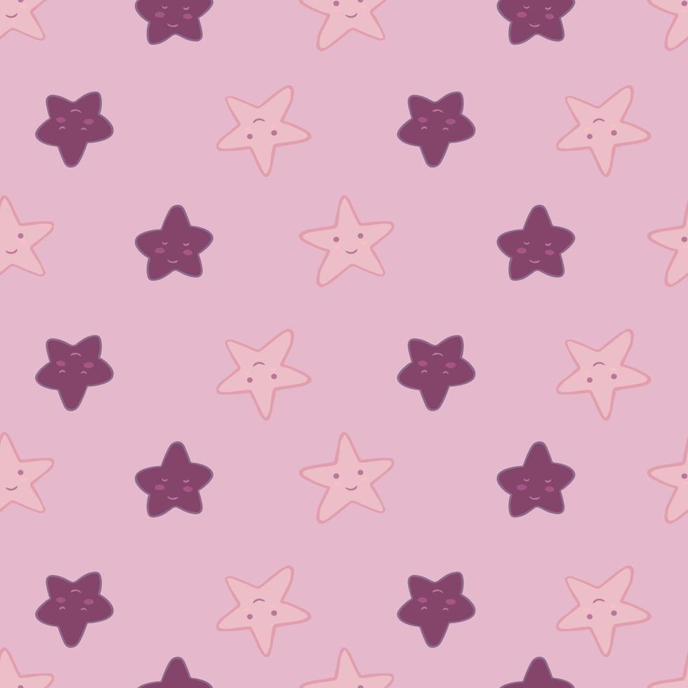 patrón sin costuras de estrellas sonrientes geométricas sobre fondo rosa. Fondo de pantalla de elementos de formas de estrellas de personajes. vector