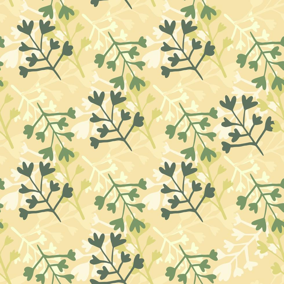 patrón impecable con fondo amarillo suave y formas de ramas en colores verde y azul. telón de fondo floral simple. vector