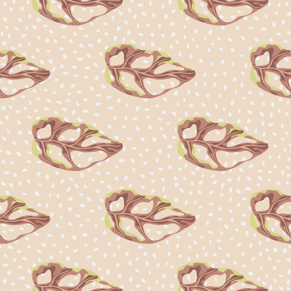 Doodle seamless botanic pattern with tropical monstera leaf silhouettes. Beige background with dots. Fall palette. vector