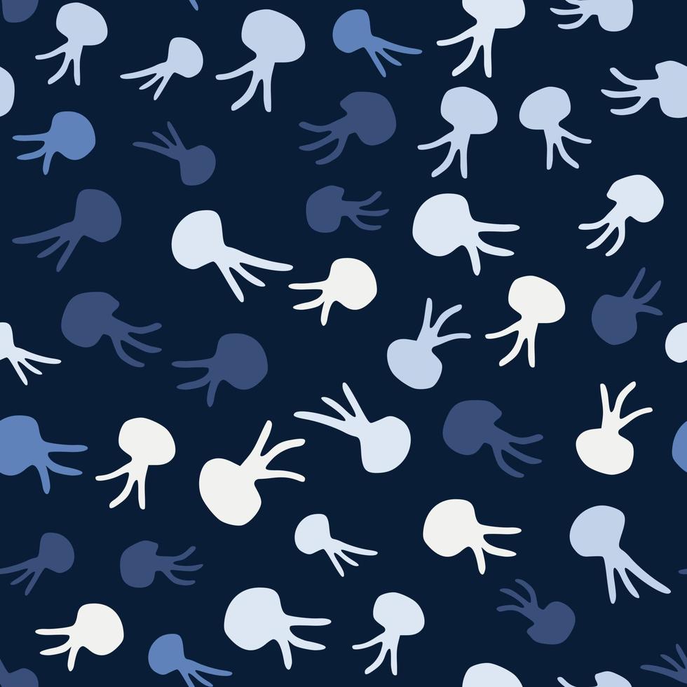 Dark seamless marine pattern with underwater octopuses silhouettes. Navy blue background. Stylized ocean print. vector