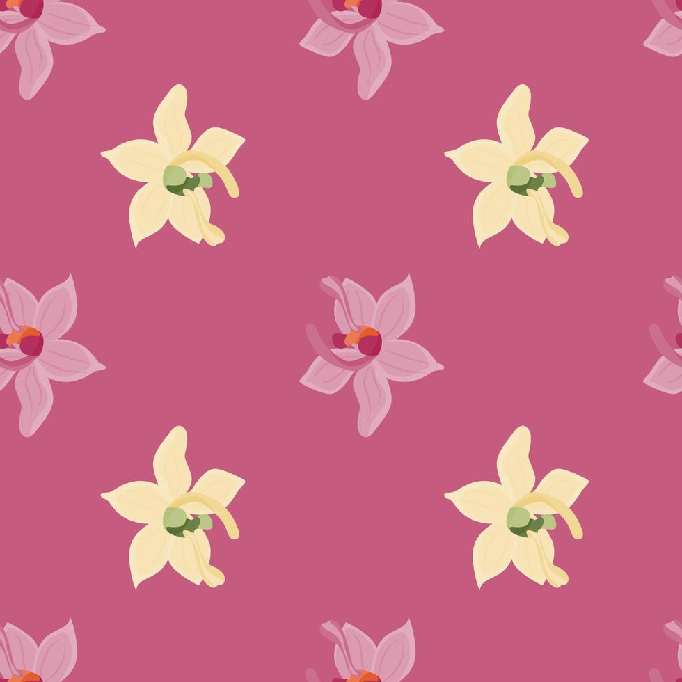 Tropic orchid flowers shapes seamless pattern in doodle style. Pink background. Bloom backdrop. vector