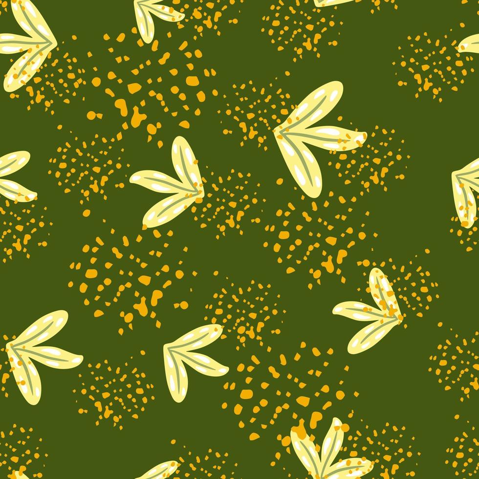 Random seamless pattern with hand drawn simple leaf ornament. Green background with splashes. vector