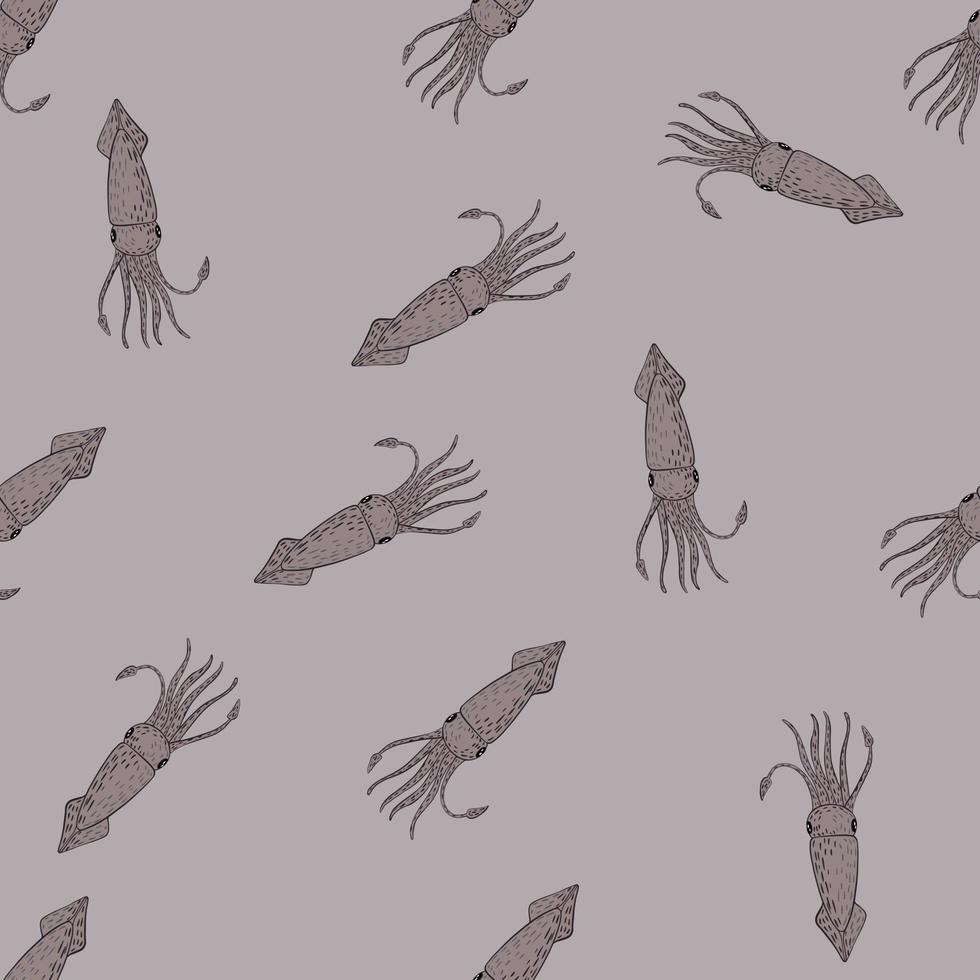 Random seamless pattern with underwater seafood squids ornament. Grey background. vector