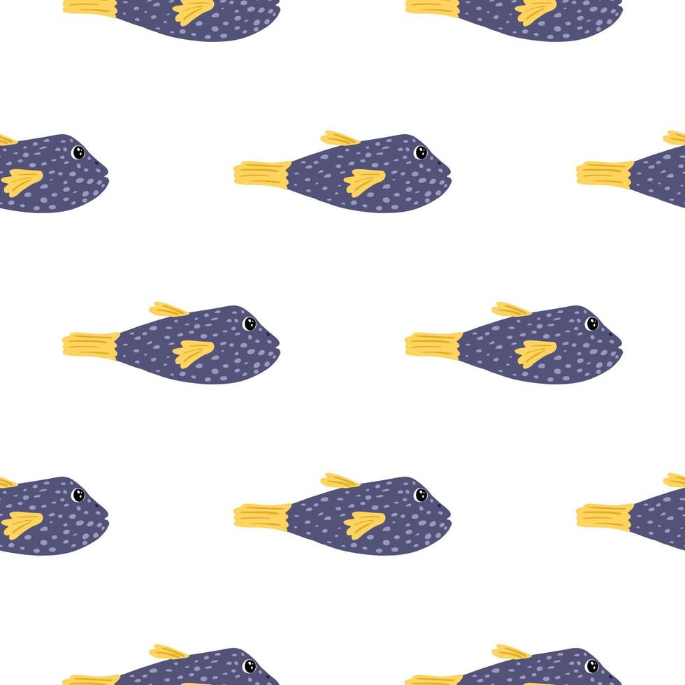 Seamless pattern in aquatic style with navy blue and yellow colored fish ornament. White background. Isolated print. vector