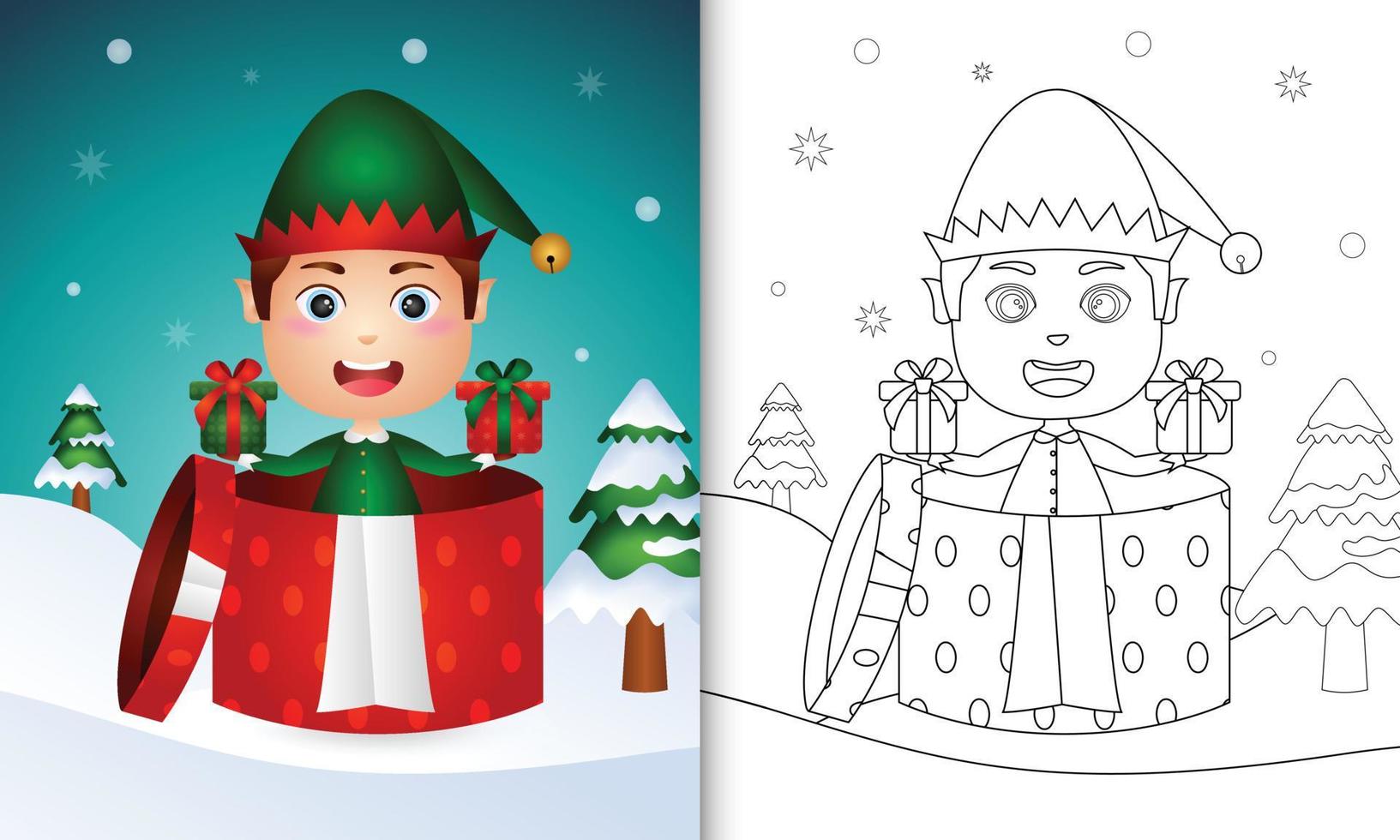 coloring book with a cute boy elf christmas characters in the gift box vector