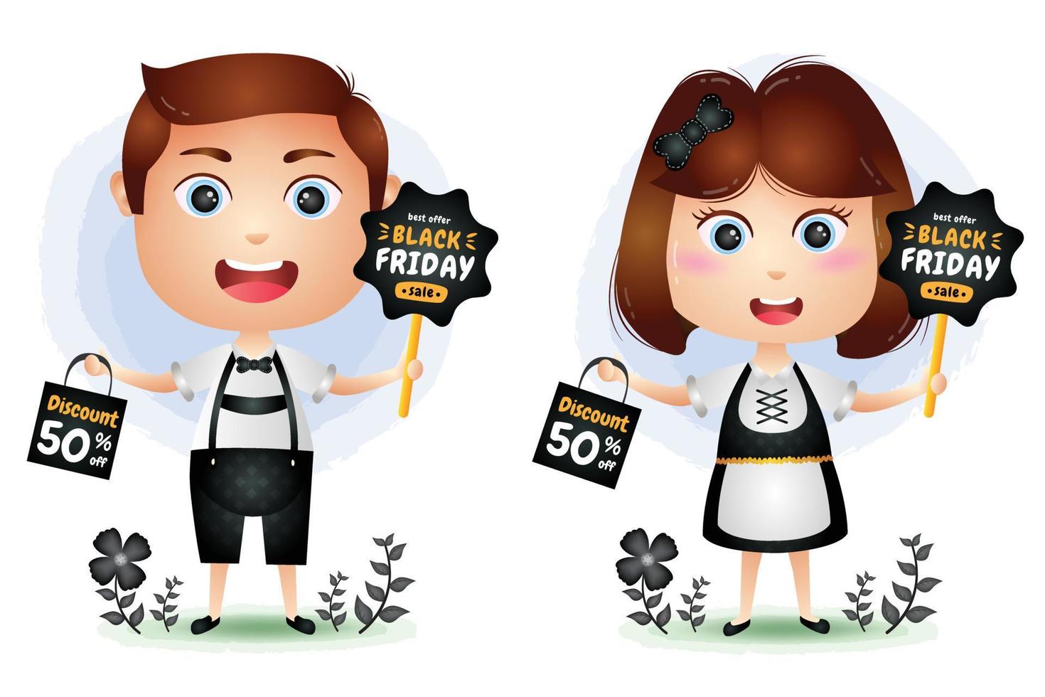 Black friday sale with cute couple character hold board promotion and shopping bag illustration vector