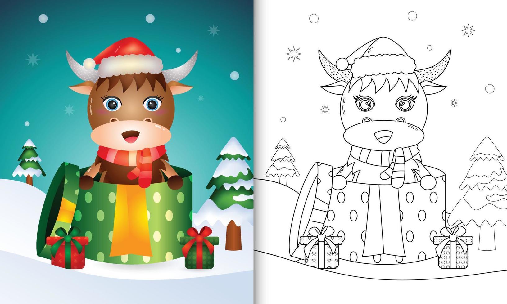 libro para colorear con un lindo búfalo personajes navideños usando gorro de Papá Noel y bufanda en la caja de regalo vector