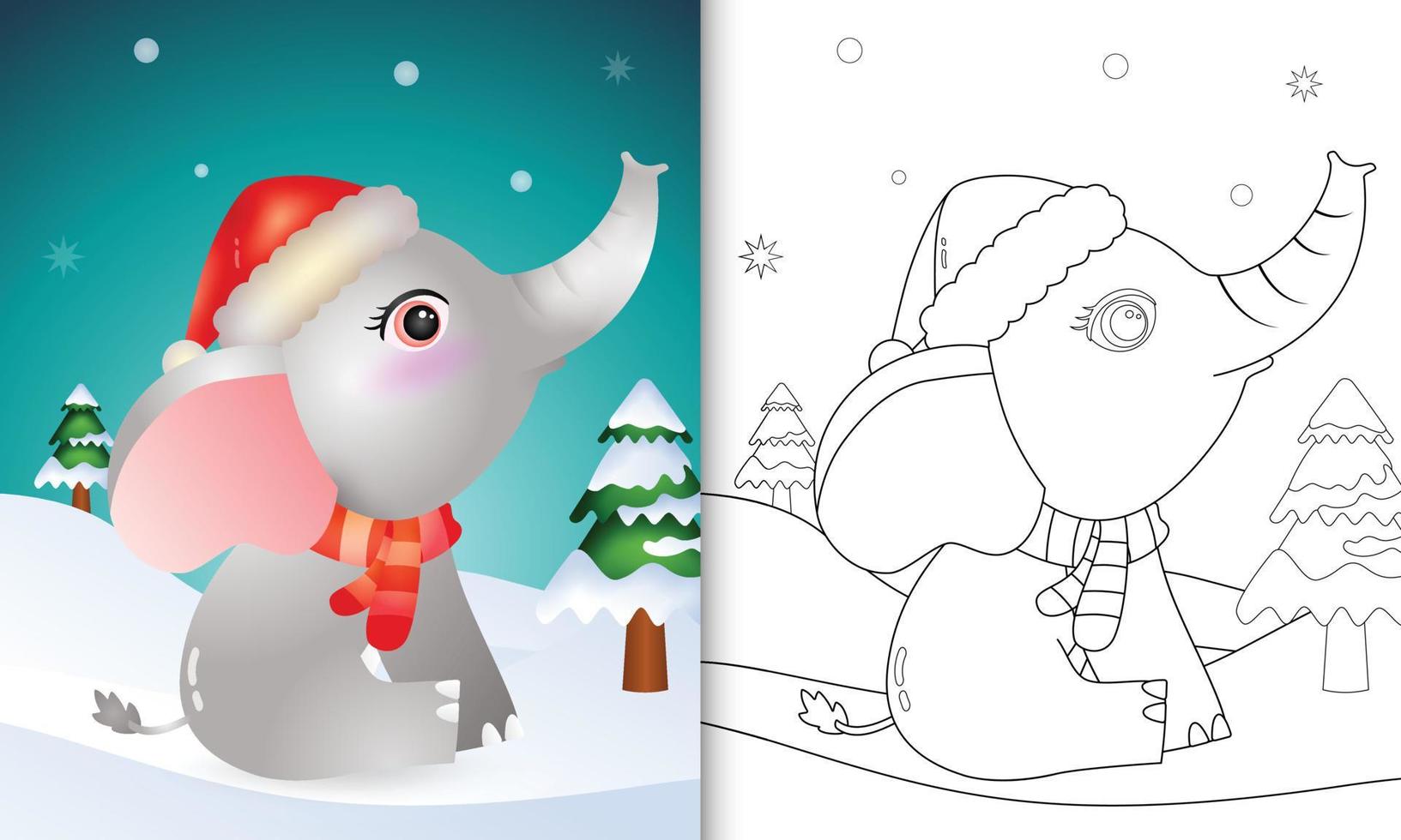 libro para colorear con un lindo elefante personajes navideños con gorro de Papá Noel y bufanda vector