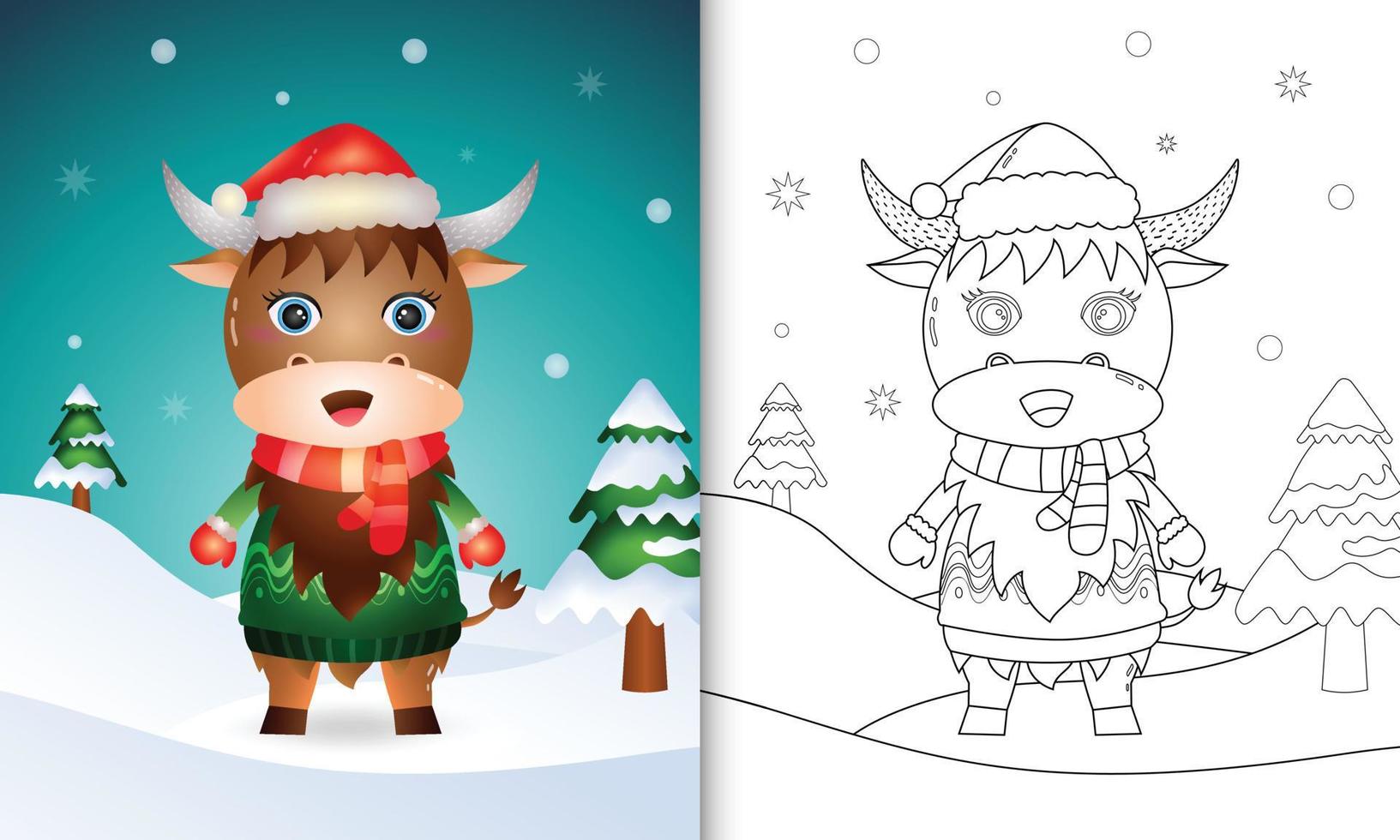 coloring book with a cute buffalo christmas characters with a santa hat, jacket and scarf vector