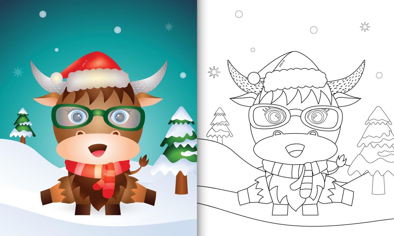 coloring book with a cute buffalo christmas characters with using santa hat and scarf vector