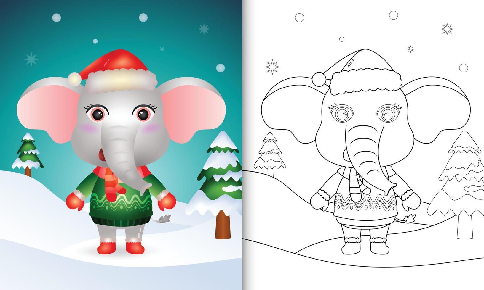 libro para colorear con un simpático elefante personajes navideños con gorro de Papá Noel, chaqueta y bufanda vector