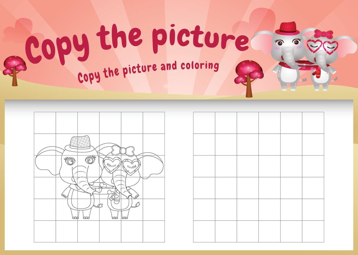 copy the picture kids game and coloring page with a cute elephant using valentine costume vector