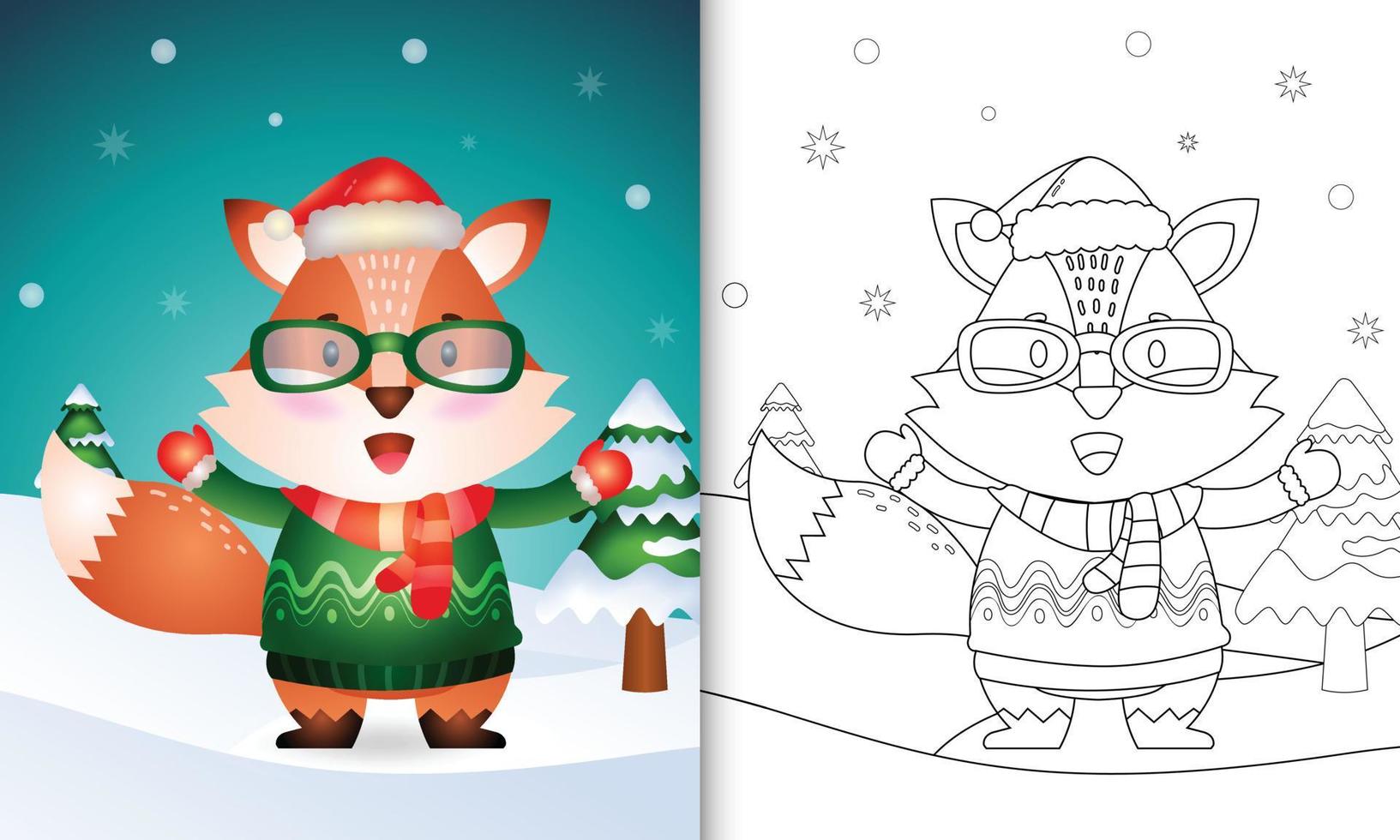 libro para colorear con una linda colección de personajes navideños de zorro con gorro de Papá Noel, chaqueta y bufanda vector