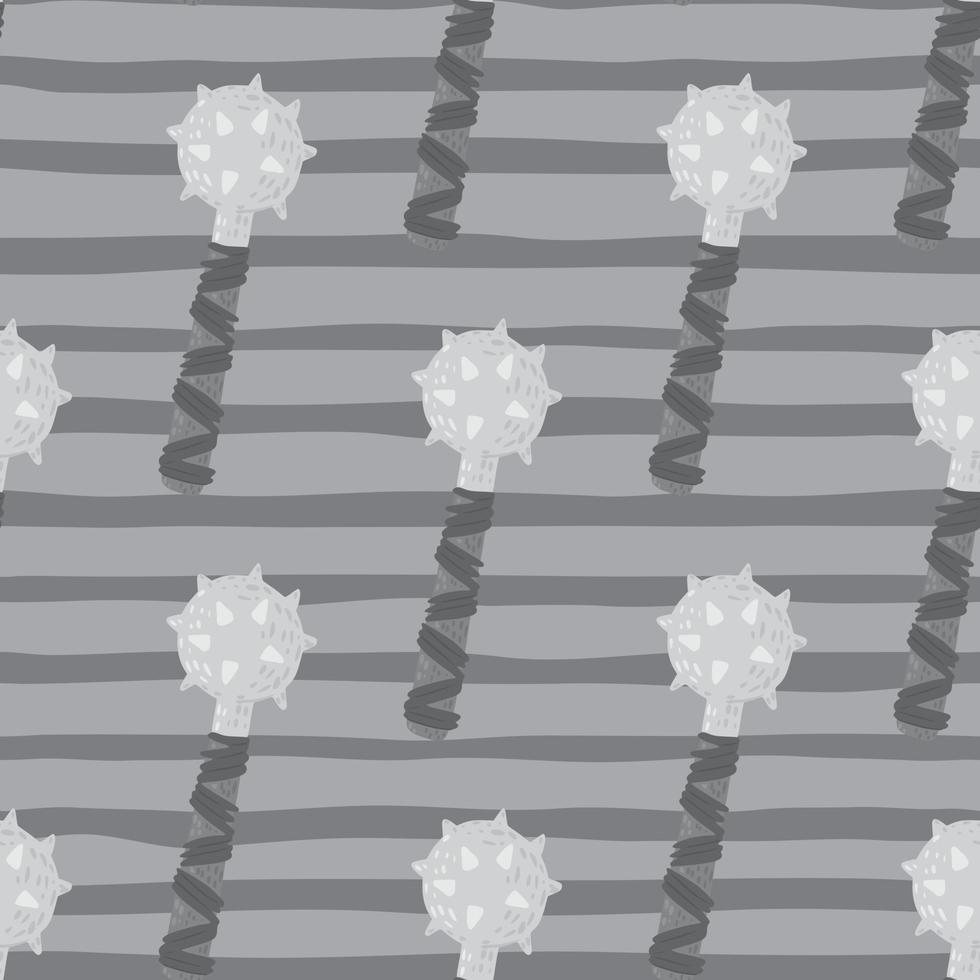 Grey palette seamless doodle pattern with flail mace ornament. Striped background. Weapon scandinavian backdrop. vector