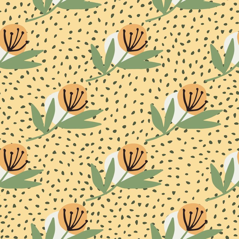 Bright botanic seamless pattern with orange dandelion. Pastel yellow background with dots. vector